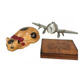 Decorative Lot: Airplane Clock, Cat Figure &