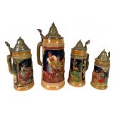 4 German Ceramic Beer Steins with Pewter Lids
