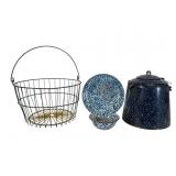 Enamelware Kitchen Set & Wire Basket