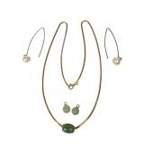 Pearl Earrings, 950 Vermeil & 14k Jade necklace