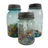 3 Antique Ball Perfect Mason Glass Jars & Marbles