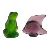 Lalique Frosted Frog & Amethyst Fish Figurines