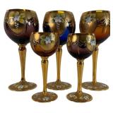 Set 5 Murano Trefuochi Enamel & Gilt Glass Goblets