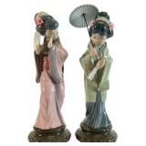 Pair Lladro Glazed Porc. Japanese Geisha Figurines