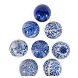 Set of Blue and White Ceramic Decorative Spheres