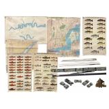 Assortment of Vintage Fishing Gear and Pewter Cars