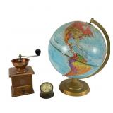 Replogle Globe, Coffee Grinder, and Brass Clock