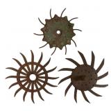 Three Vintage Iron Rotary Hoe Wheels