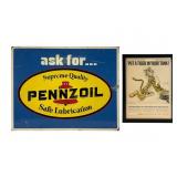 Double-Sided Pennzoil Sign and Framed Esso Ad
