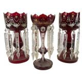 Three Ruby Glass Mantel Lustres
