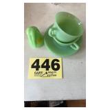 Jadite cups saucers and bottoms up glass