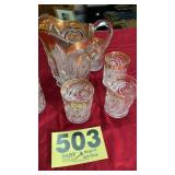 Press glass pitcher and 6