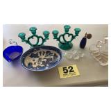 Candle holders, swans, perfume, salts