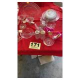 Doll dishes, clear glassware- table full