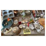 Enamel, wood box, cookie cutters, etc