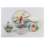 Ceramic Cardinal Pitcher, Teapot & Lenox Plate +