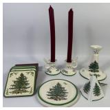 Spode Christmas Tree Candlesticks, Coasters + (6)