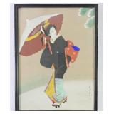 Japanese Silk Painting Of Geisha w/ Parasol