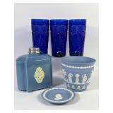 Blue Jasperware Planter, Cristal D'Arques Glasses+