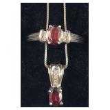 10k White Gold Diamond & Garnet Necklace & Ring