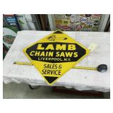 LAMB CHAIN SAW DEALER SIGN GREEN BACK 32.5" X32.5"