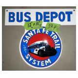 PORCELAIN  BUS DEPOT SANTA FE TRAILS SIGN 1SIDED