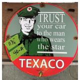 11 3/4' ROUND PORCELAIN TEXACO TRUST YOUR CAR SIGN