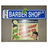 PLASTIC BARBERSHOP SIGN, METAL WILD ROOT SIGN