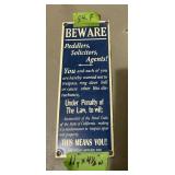 PORCELAIN 1SIDED BEWARE PEDDLERS SIGN