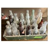 PAINTED GREEN-WOODEN CRATE W VINTAGE BOTTLES