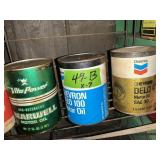 7 VINTAGE OIL CANS, 4 EMPTY, 3 FULL