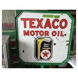 PORCELAIN TEXACO MOTOR OIL CURB SIGN+CAST IRON STA