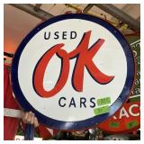 PORCELAIN OK USED CARS 2SIDED SIGN W METAL HANGER.