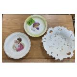 HAND PAINTED BOWLS W LADIES & FLOWERS X3