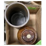 BROWN GLAZED STONEWARE CROCKS, ONE IS LIDDED X2