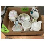 FLORAL PITCHERS, TRINKET BOX, HAT PIN HOLDER W PIN