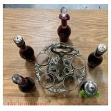 CRUET CADDY W 5 PC OF BOHEMIAN RUBY RED CUT-TO-CLR