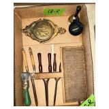 VINTAGE CURLING IRONS, WOOD CARD, BRASS DOOR KNOCK