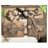 VINTAGE COFFEE GRINDERS, DOOR KNOBS, CLOCK WEIGHT