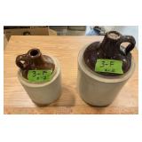 TWO TONE STONEWARE POTTERY JUGS X2