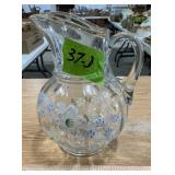 CLEAR GLASS HAND PAINTED FLORAL PITCHER,