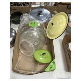 BOX OF LIDS ï¿½ GLASS, ENAMEL, METAL, CAKE LID