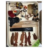 WOODEN HAND CARVED CHINESE FIGURES, FANS, DOLLS