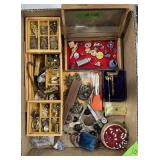 COSTUME JEWELRY, PINS, 2 BOXES, VINTAGE RAZORS