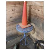 Blue Metal Table and Traffic Cone