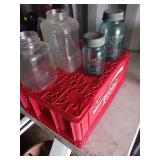 Plastic Tote With 4 Glass Jars