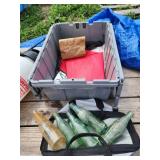Plastic Tote With Old Glass Bottles