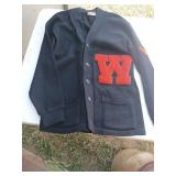 Black Wool Cardigan with Red Chenille Letter Patch