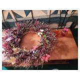 Artificial Floral Wreath and Two Glass Ornaments