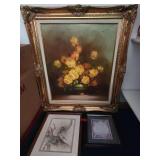Framed Floral Oil Painting With Two Prints
